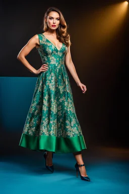 full body of very beautiful ukrain lady wearing green_blue pretty midi flared dress ,standing idle pose in studio