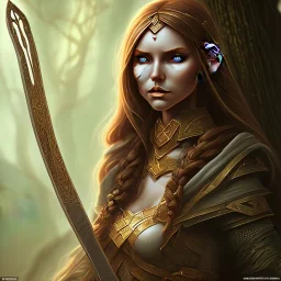 dungeons and dragons, female elf, druid, brown hair, brown eyes, full body, realistic face