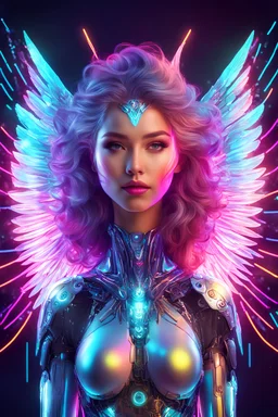 Beautiful Angel woman with half body robotic colorsfull glowing neon,light shining neons colorfull background