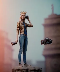 Statue of Queen of photography holding camera in hands. Cute blonde woman. Photographer in golden crown. Standing on the street. Big camera in her hand. hyperdetailed, photorealistic, trending on artstation, greg rutkowski, beksinski, kodachrome, volumetric lighting, gold and cyan