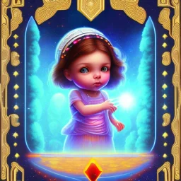 pequeña niña en un espacio liminal, holding a big card with king of diamonds