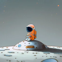 A whimsical digital illustration of a cartoonish astronaut, delicately rendered in soft pastel hues, sitting on a tiny, cratered moon, lost in thought as they stare out into the vast, starry expanse of empty space, their bright orange spacesuit a pop of color against the muted, celestial backdrop, with subtle texture and gentle shading adding depth to the minimalist composition, evoking a sense of wonder and contemplation, as if pondering the mysteries of the cosmos, amidst the eerie silence of