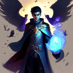 A 25 years boy persian in matte black robes with flaming eyes with grin with flaming light blue pupils stands atop a squire Two infinity gauntlets contain six infinity stones, one of which is made with nano In the hands of a powerful man walking While standing on a majestic height from afar With two big wings