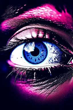 The image features a close-up of a blue eye with a black pupil, surrounded by a blue and white background. The eye appears to be staring directly at the viewer, giving the impression of a piercing gaze. The blue and white background adds a sense of depth and contrast to the image, making the eye stand out even more. The overall effect of the image is captivating and evokes a sense of curiosity and intrigue.