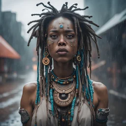 a woman with a clock on her face, inspired by Elsa Bleda, afrofuturism, pretty girl standing in the rain, short dreadlocks with beads, russian shaman, beeple and mike winkelmann, demobaza, connection rituals, style of the fifth element, alexander abdulov, dressed as an oracle, taken in 2 0 2 0, hippie fashion, shot with Sony Alpha a9 Il and Sony FE 200-600mm f/5.6-6.3 G OSS lens, natural light, hyper realistic photograph, ultra detailed -ar 3:2 -q 2 -s 750