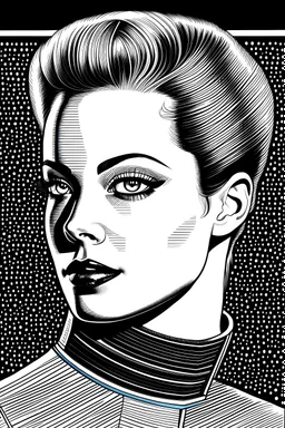 Beautiful black and white pencil drawing of the character, Seven of Nine from Star Trek. She has blonde hair in an updo and a borg implant over her left eye. The background is totally black. Her lips are closed. She is looking at the viewer.