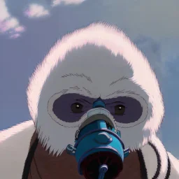 A yeti wearing a respirator