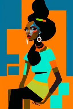 whimsical arafed nonsense stylized abstract portrait of a woman with dark bob hair, seated with arms crossed, (((exaggerated body parts))), (((oversize head))), in vibrant orange dress and black accents around wrists, background is blend of bold beige and drab patchwork vibe, cyan tints, rainy whimsical afternoon, sharp color contrasts, amazing shadows, minimal cozy, color leak, heavily distorted views, amazing parallels