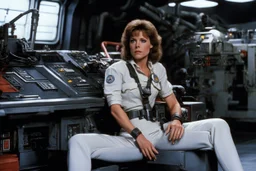 a typical scene in the main room of the Nostromo: Ellen Ripley sits in her worker outfir