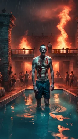 Hyper Realistic male zombie pool party at heavy rainy night inside a burning castle