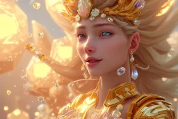 very beautiful crystal and gold goddess in a galactic ambiance, nice smiling, transparent petals, delicate colors, full of details, smooth, bright sunshine，soft light atmosphere, light effect，vaporwave colorful, concept art, smooth, extremely sharp detail, finely tuned detail, ultra high definition, 8 k, unreal engine 5, ultra sharp focus