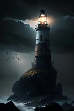 A lonely lighthouse sits on a steep cliff on a small island. The night is dark and stormy, but two bright rays break through the darkness and illuminate the tower. The sturdy structure of natural iron anchor stones stands proudly and defies the elements. The picture radiates an atmosphere of solitude, adventure and hope.