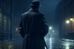 butler standing on a dark street corner facing away from the camera. a gun in his hand. modern fantasy. 4k. photorealistic. Stormy night background. rain foreground