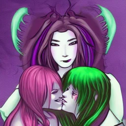 A book cover of a book called demonic romance with a purple haired girl and a green haired demon