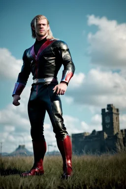 retro portrait image from 1960, sky background, wind, extra long blonde hair, fighting stance, young Chris Hemsworth, clean shave face, black dress, classic long tight lycra black suit, red cap, platinum lycra with scales on the arms, gold bracelet and belt, high boots, soft color, highly detailed, unreal engine 5, ray tracing, RTX, lumen lighting, ultra detail, volumetric lighting, 3d, finely drawn, high definition, high resolution.