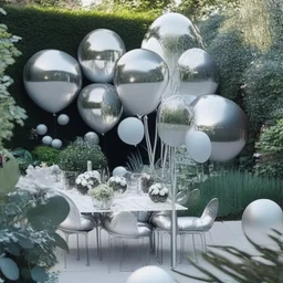 A picture of a modern garden with silver balloons and other party decoration