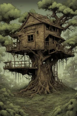 tree house , overgrown apocalyptic background, comic book,