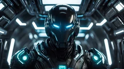 action shot of an ObsidianEmerald Faceless Cyborg, glowing eyes, reflectiv light, standing inside a spaceship, HD, masterpiece, best quality, hyper detailed, ultra detailed,