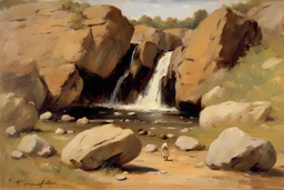 Sunny day, rocks, waterfalls, rocky land, mountains, friedrich eckenfelder and alfred stevens impressionism paintings