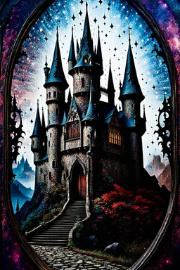 Detailed photograph of creepy castle, naïve, strong texture, extreme detail, Max Ernst, decal, rich moody colors, sparkles, Harry Potter style