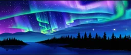 northern lights over trees and water. redraw in a whimsical hand drawn style.