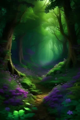 магический лес в фиолетовых и зеленых цветах