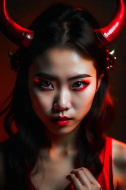 Beautiful devil asian girl with devil horns on her head, with brown eyes, detailed, looking at the camera, princess