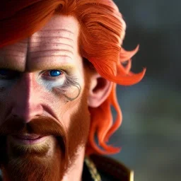 Portrait of courtney gains as a ruggedly handsome but joyful roguish pirate, charismatic, attractive male, masculine, perfect, precisely detailed, lightly freckled face, meticulously detailed multi-hued ginger carrot cherry fire red hair; malachai of the corn; fantasy, intricate, elegant, highly detailed, digital painting, artstation, concept art, matte, sharp focus, illustration, art by artgerm and greg rutkowski and alphonse mucha