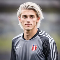 85mm DSLR color photography of a very detailed headshot fitting all of head and hair in frame. 18-year-old Austrian soccer player, and with no facial hair and has no facial hair, has short length straight white hair with a small smile, grey background