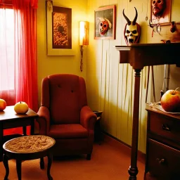 Flash photo of a room, 1980 horror movieshot, with chair, table, odd objects in background, ugly and scary mask, odd paintings hanging in the walls, rotten fruits, pair of glasses, horns, skin