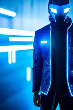 cyberpunk, neon blue, high technology, geometric figures, orbiting figures, cyberpunk suit, black and blue, epic, rain, neon blue suit, geometric figures orbiting around suit, exosuit, male