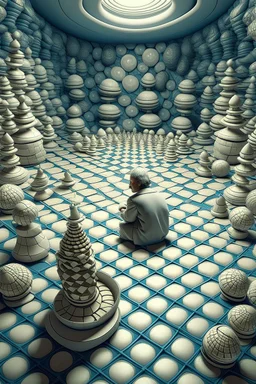 small man inside huge sea shells and on the floor is a huge chess board in the style of hiroku ogai