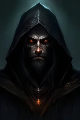 a dark hooded warlock with beard, black long hair, evil black eyes, dark paint face