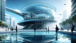 The scene features a group of people walking on a floating platform made of transparent glass, surrounded by water. The architecture is a surreal modern style, with buildings that twist and bend in unusual ways, creating a distorted and dreamlike atmosphere. The structures are made of sleek steel and reflective glass, giving them a futuristic and otherworldly appearance. The composition is dynamic, with the people positioned in the foreground, adding a sense of scale to the vast and surreal envi