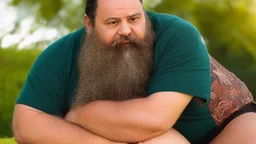 close up photography of a chubby sensual bearded marocan burly ugly stocky 65 years old , relaxing on the grass , in a garden, sunlight, manly chest with tank top, short pants, open legs, photorealistic, side view, ambient occlusion