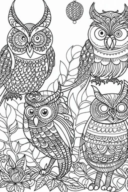 A cute peaceful forest with wise owls and calming patterns, Coloring page for kids, cartoon style, thick outline, low details, no shading, no color