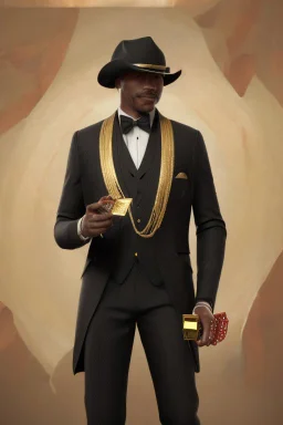 Dashing black man in a suit with gold trimmings. He's holding a deck of cards.