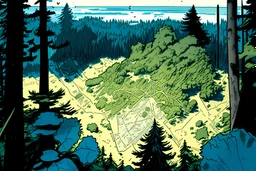 a map, forest,, comic book,, , blue sky,