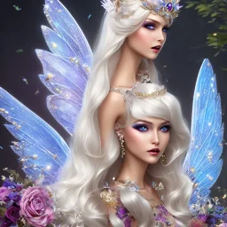 Fantasy cute fairy with wings, smiling, make up, long blond platinum hair, blue eyes, crown, beautiful dress, flowers in background, HQ