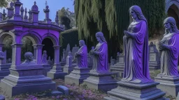 A purple graveyard filled with ghosts near a mansion painted by Leonardo da Vinci