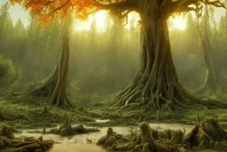 gaea, insane treepunk, volumetric pastel orange and red glowing forest environment and background, epic color pencil painting of abstract art plant camps, 16k, intricate flora, ancient willow tree, twisted wood, lush, ancient roots, organic, mushrooms, stacks of wood, ancient vines, leaves, ambient occlusion, rocks, uhd, realistic shaded volumetric lighting, ancient wood, sunlight caustics, volumetric clouds, pigmented colors, redshift engine render, concept art and visualization by sam curry