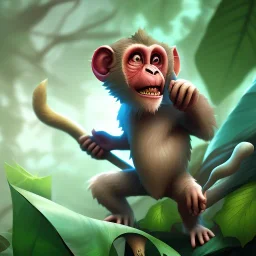 Cute monkey, league of legends, in the jungle, full detail, intricate detail, cinematic, 8 k, cel shaded, unreal engine, featured on artstation, pixiv, cartoon style