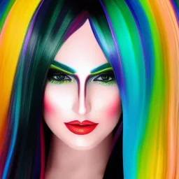 Full body portrait, painting, medium shot lady rainbow striped metallic hair