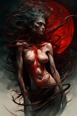 A dramatic digital painting portraying a figure under the Red Moon, veins pulsing, claws of temptation visible, soul in turmoil. In the style of Giger and Salvador Dali and Van Gogh, vivid colors, swirling brushstrokes, highly detailed, 8k resolution, surrealistic., by Ryohei Hase, Agnes Cecile, Raymond Swanland, Anne Bachelie