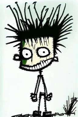 2d drawing of a stickman, cool with punk hair, x eyes like in hangman, standing, back view, slightly bended over and looking back into the camera, smiling,close-up ,3d realistic in colour