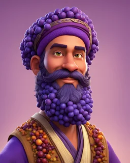 A forty-year-old man With a very light beard.A face closest to the triangle . Grape fruit turns into a man. Purple skin and curly, purple hair made of grape balls. A Mali headband with hair on top. Villager clothing. Merchant clothing. Plain clothes in earthy colours.Cartoon character. Cartoon drawing. 3d.Cheerful and imprudent features, a worried look, and a foolish laugh.The complexion of the skin is light violet