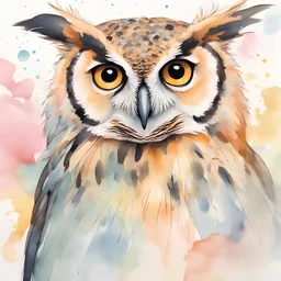 owl fly extreme close up with fairy friend on her, light watercolor splash, simple, hand drawn, beatrix potter style, pastel palette