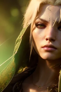 Druid character, young woman, cougar ears, cougar tail on lower back, blonde hair, long hair, green eyes, scars on body, waist up portrait, 4k resolution, intricate details, ornate details, soft lighting, vibrant colors, retroanime, masterpiece, intricate eyeliner, dark eyeshadow, eyes, intricate tattoos, natural background