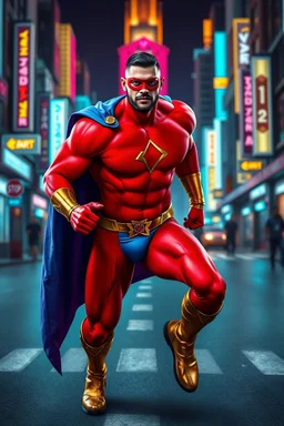A giant, muscular man with extra-short, crew cut, black hair, blue eyes, short, trimmed goatee, Running on the streets in the neon lit, futuristic City of Xanadu prime, wearing a red body suit that forms to his muscular frame, he also wears tight blue trunks on the outside of the suit, he has a gold lightning belt, gold wrist gauntlets, he wears gold, knee-high boots, he wears a blue cape, he has the symbol of Xanadu Prime on his chest, and a thin red leather bandit eye mask