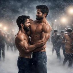 Hyper realistic shirtless muscular shahid kapoor hugging Mark Wahlberg at snowfall night